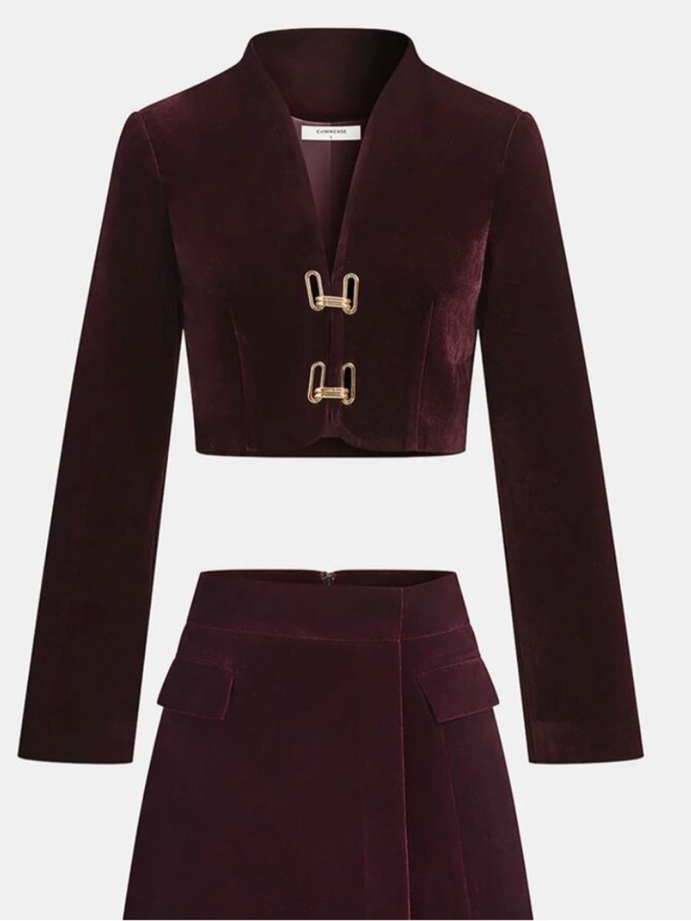 NWT Commense Wine Velvet Cropped Blazer with Gold Clasps and Mini Skort Set